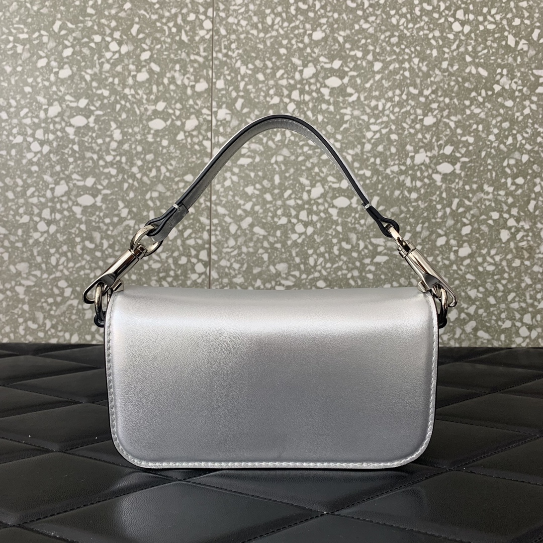 Valentino Garavani Loco Small Shoulder Bag in Silver Calfskin Leather 